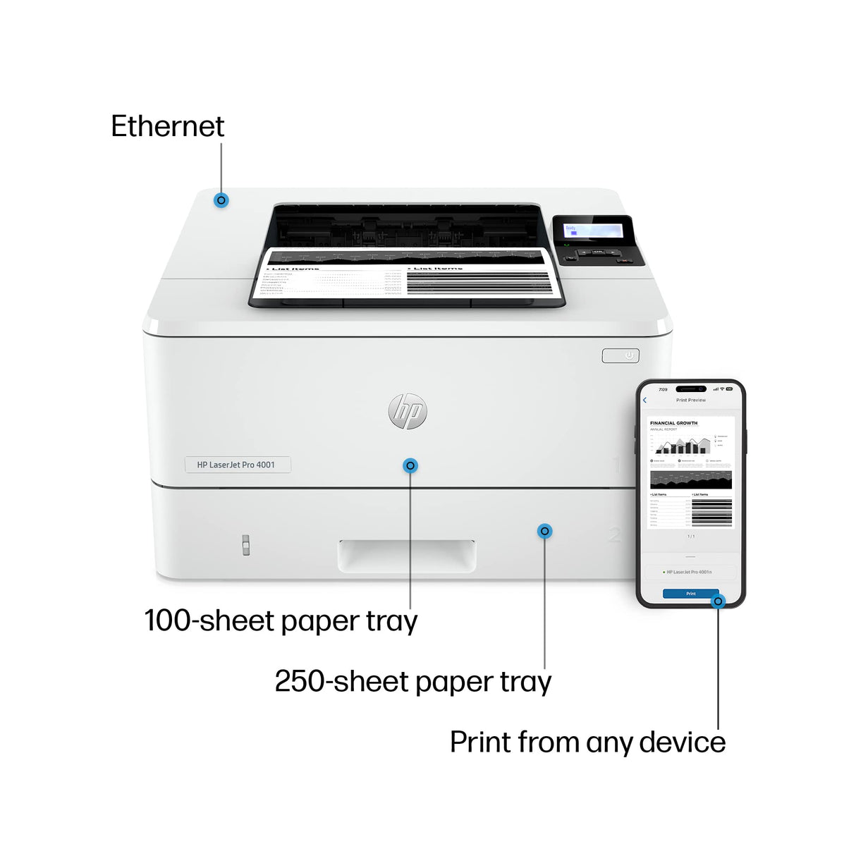 HP LaserJet Pro 4001n Black & White Printer, Print, Fast speeds, Easy setup, Mobile printing, Advanced security, USB, Ethernet Connection, Best-For-Office HP