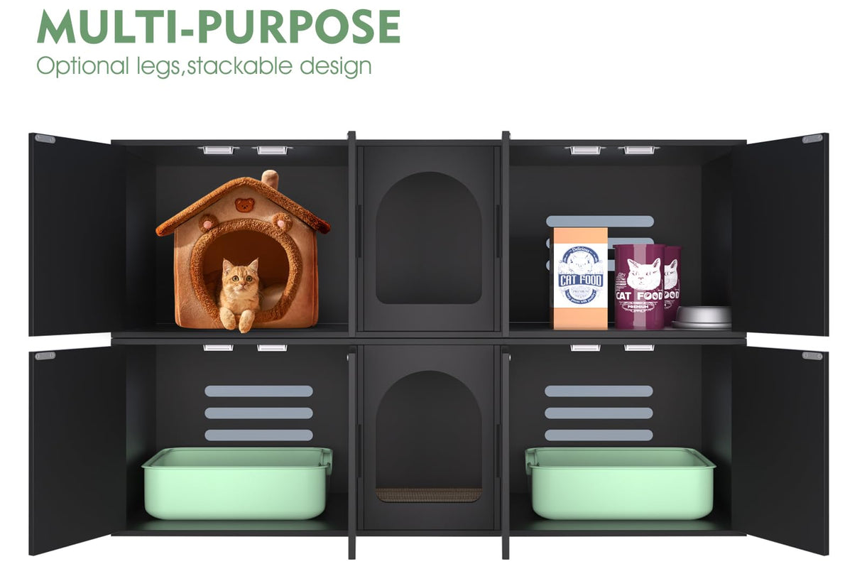 Amunrbrek Double Litter Box Enclosure, Litter Box Enclosure for 2 Litter Boxes, Modern Litter Box Furniture for 2 Cats, with Cat Door & Motion Light (Black) amunrbrek