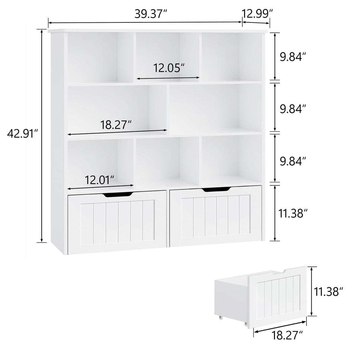 Toy Storage Organizer, Kids Bookshelf and Toy Storage with 2 Movable Drawers, Toy Chest Shelf Organizer with Hidden Wheels and 8 Storage Cubbies, Multifunctional Toy Organizer for Playroom, White Vabches