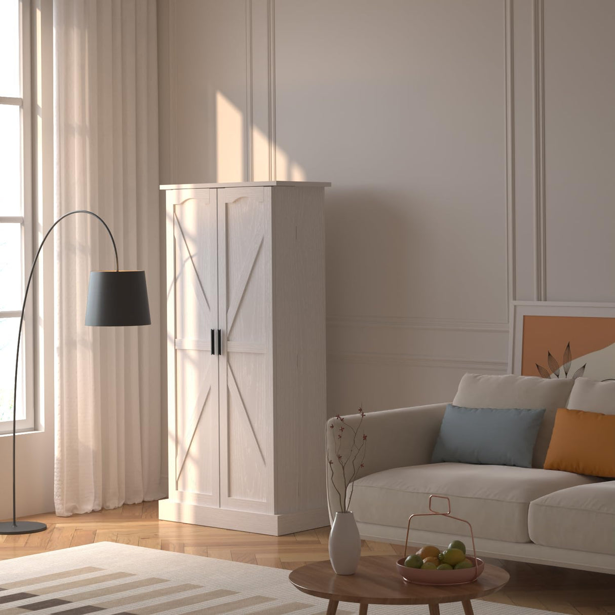 GEPELCN 50" LED Kitchen Pantry Cabinet Farmhouse Storage Cabinet Wood Food Pantry with Barn Doors and Adjustable Shelves Freestanding Buffet Cupboards Sideboard for Kitchen White GEPELCN