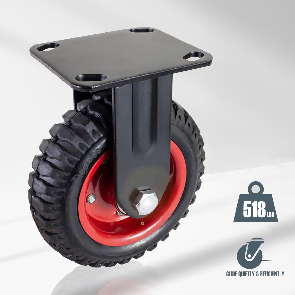 POWERTEC 8 Inch Caster Wheels, Heavy Duty Fixed Plate Casters with Rubber Knobby Tread for Workbench, Dolly, Cart, Trolley, Wagon and Chicken Coop, Large Rubber Castor Wheels, 1PK (17053V) POWERTEC