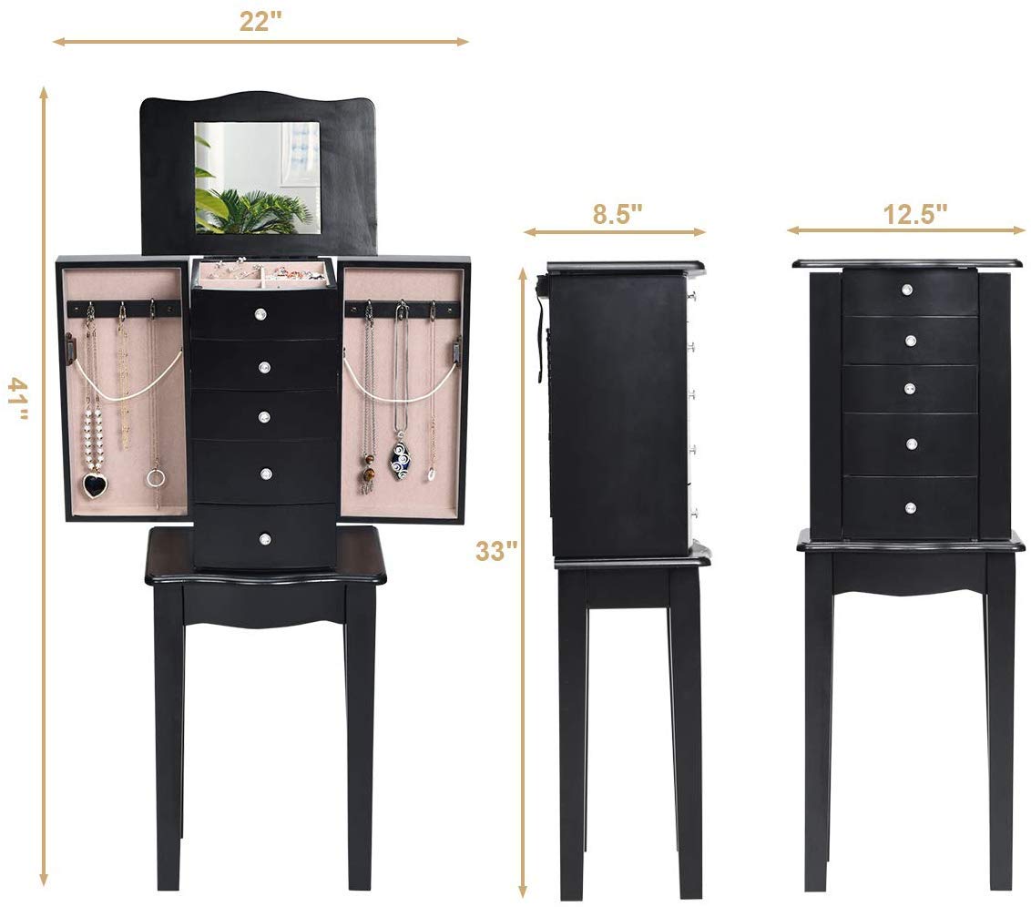 Giantex Jewelry Chest Armoire Cabinet Standing with Mirror, Wood Large Ring Necklace Storage Box Top Flip Makeup Mirror Classic 33" Tall Bedroom Armoires for Jewellery Cabinets Organizer w/ 5 Drawers Giantex