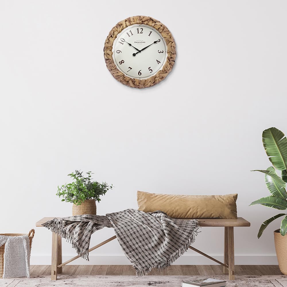 Presentime & Co. Farmhouse Series, Rustic Woven Clock, 12.6 inch, Natural Woven Water Hyacinth/Sea Grass. Wall Sculpture, Wall Art and Timepiece for Home Decoration/Wall Decoration/Farmhouse Décor Presentime