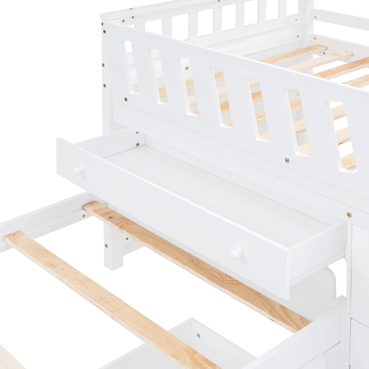 MERITLINE Twin Size Low Loft Bed and Twin Platform Bed Set, Solid Wood L-Shaped Kids Beds Frame with 7 Storage Drawers and Full Guardrails, Space-Saving 2 Beds for Girls Boys,White MERITLINE