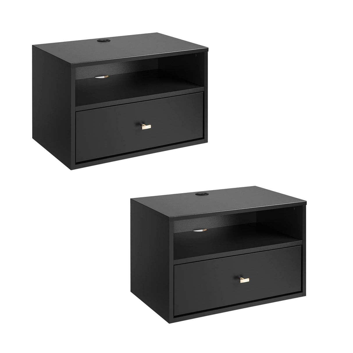 Prepac Floating Shelf Side Table with Drawer and Brushed Brass Knobs, Modern Floating Nightstand 15" D x 22.5" W x 14.5" H, Black, BRBW-1402-2M Prepac