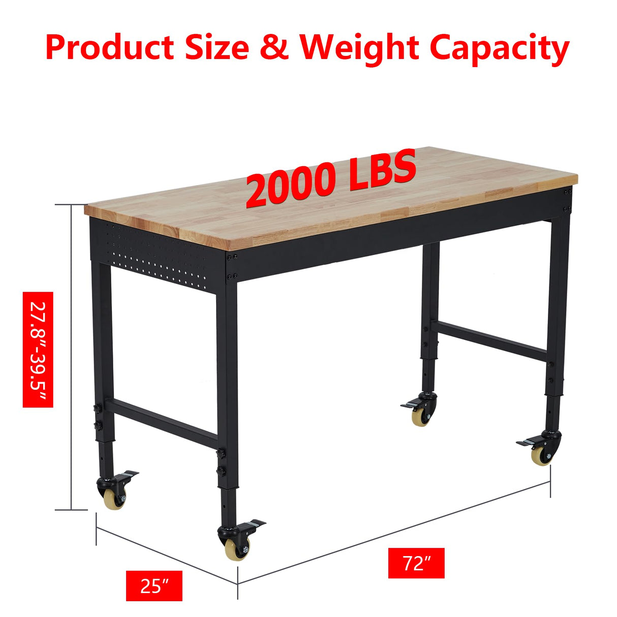 EuKer Workbench 72x25 Inch, Adjustable Height Worktable for Garage, Rubber Wood Top & Cold-Rolled Steel Table Workbench, Heavy Duty Workstation with Power Outlets & Wheels, 2000 Lbs Load Capacity Euker