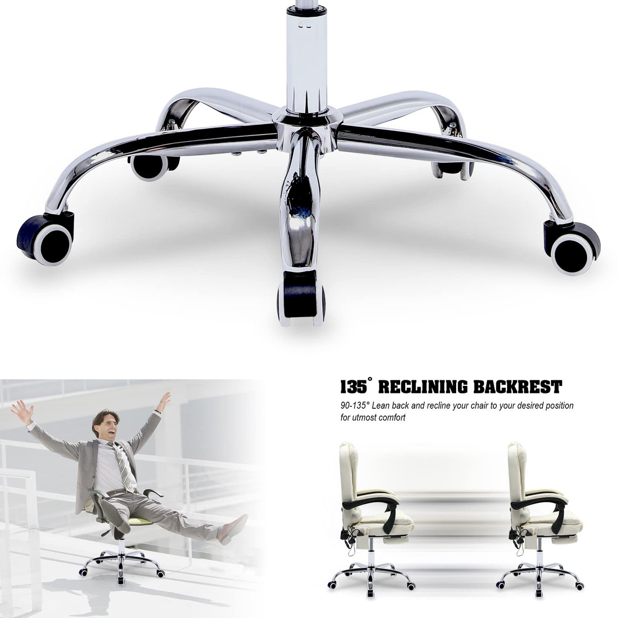 ONPNO Reclining Office Chair with Massage, Ergonomic Office Chair w/Foot Rest, PU Leather Executive Computer Chair w/Heated, Padded Armrest, High Back Swivel Recliner for Office Home Study (White) ONPNO