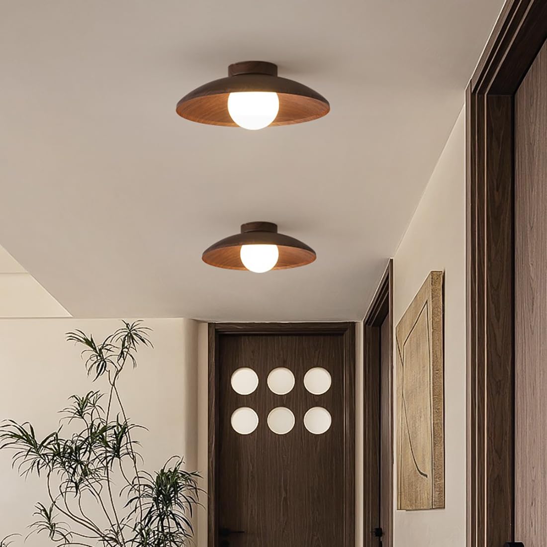 Jowjut Flush Mount Ceiling Light Fixture, Wooden Close to Ceiling Lights, 11.8-inch, Classic Walnut Finish, White Glass Shade, Vintage Light Fixtures for Hallway Living Room Jowjut