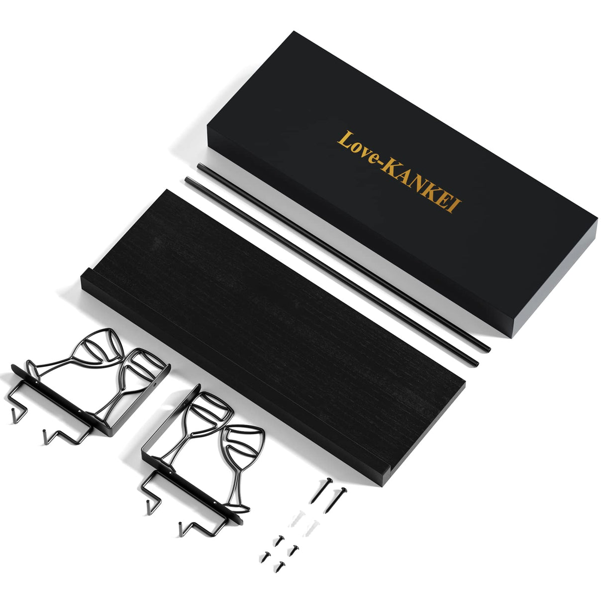 Love-KANKEI Wine Rack with Stemware Hanger, 17inch Wine Glass Rack, Floating Shelf Wall Mounted, Wood Wall Shelf for Kitchen, Dinning Room, Home Bar, Living Room etc, Pitch Black Love-KANKEI