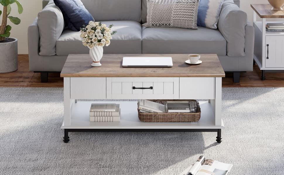 WAMPAT Farmhouse Coffee Table, with Yellow LED Lights, Large Rectangle Center Table with 1 Drawers and Open Storage Shelf for Living Room, 42", White/Oak, WAMPAT