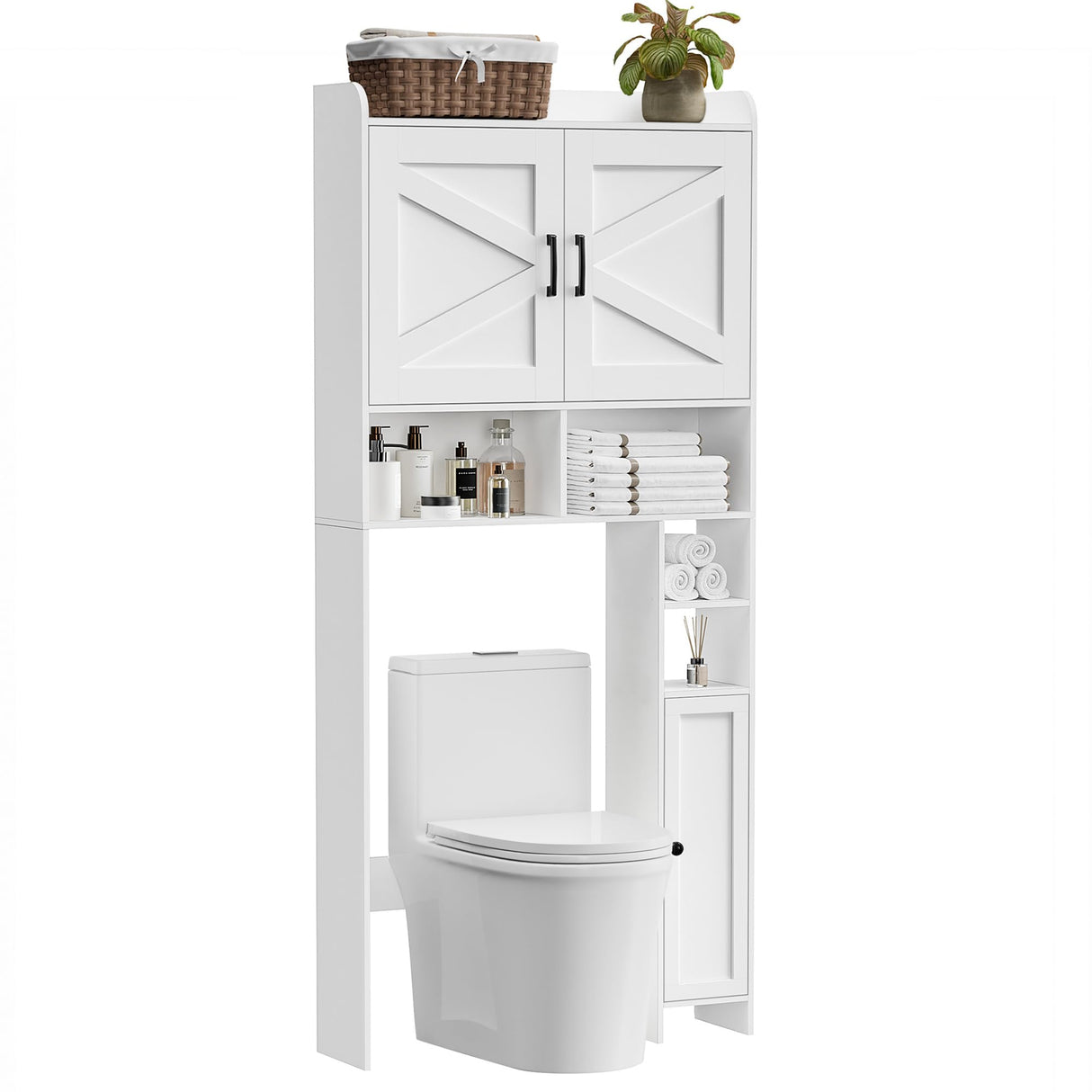 Homhedy Over The Toilet Storage Cabinet with 2 Barn Door and Toilet Paper Holder Stand, FreeStanding Toilet Shelf Space Saver, for Bathroom, Restroom, Laundry, White Homhedy