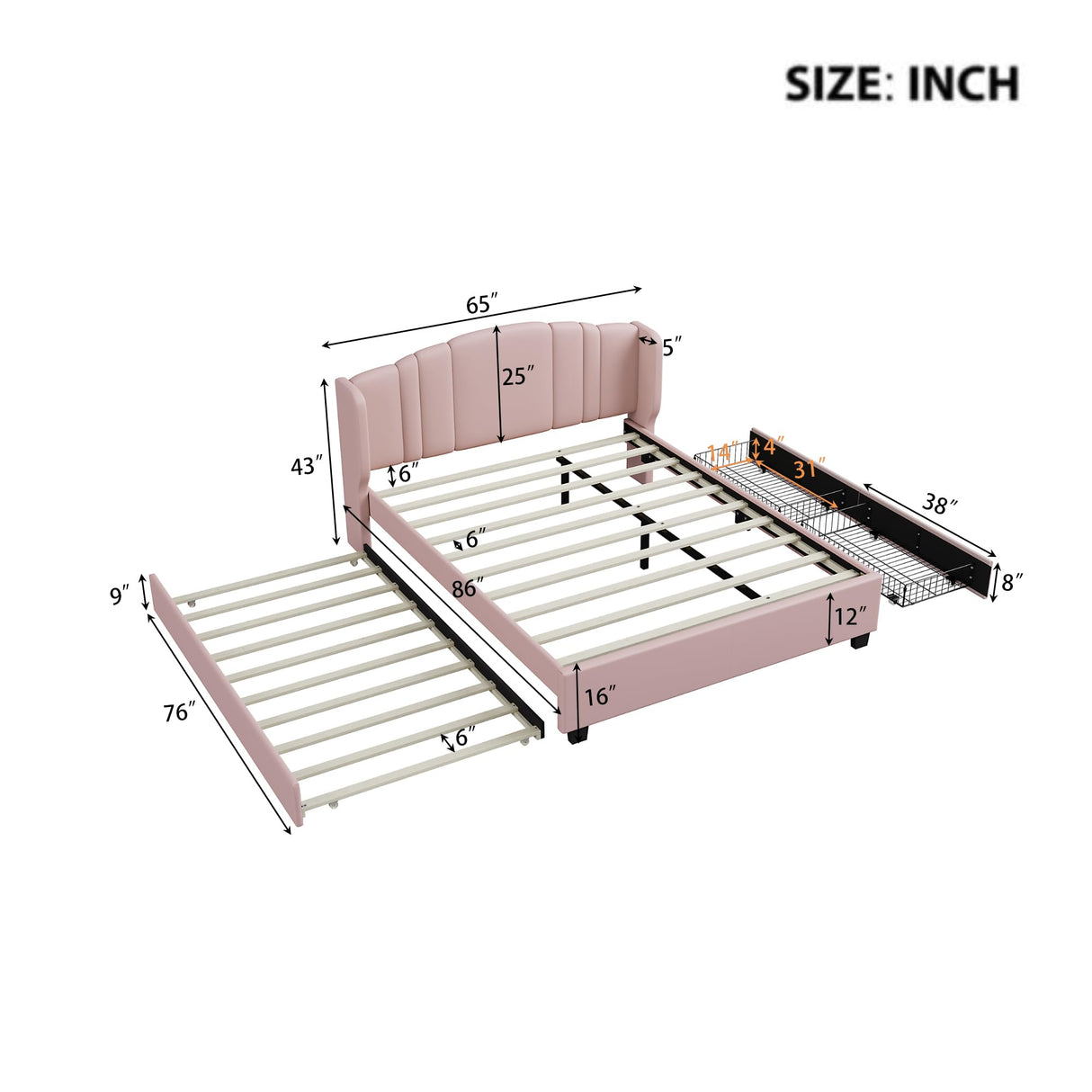 Queen Size Platform Bed Frame, Linen Fabric Upholstered Bed with Wingback Headboard, Twin Size Trundle and 2 Drawers, No Box Spring Needed, Easy Assembly (Pink) BEDGJH