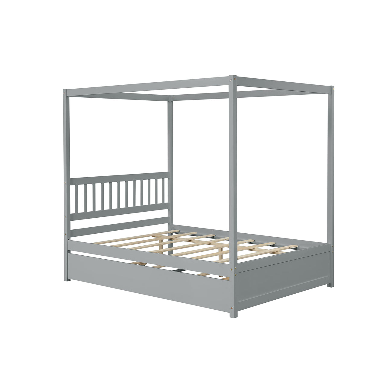Bellemave Full Size Canopy Bed with Twin Size Trundle, Wood Full Platform Bed with Headboard, Modern 4 Poster Panel Bed for Kids, Teens, Adults. No Box Spring Needed (Gray) Bellemave