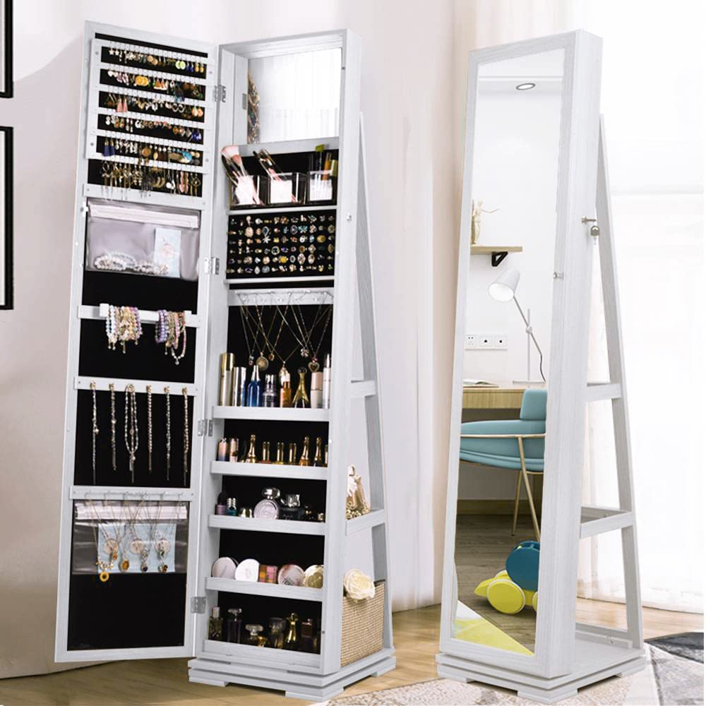 SDHYL Rotating Jewelry Cabinet with Mirror, Full Length Wooden Storage Armoire with Lock SDHYL