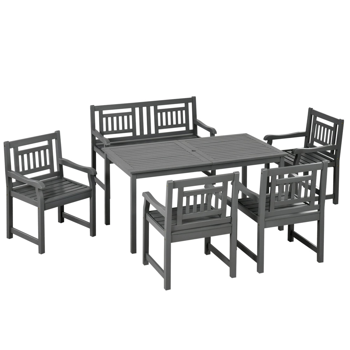 Outsunny 6 Piece Patio Dining Set, Outdoor Poplar Wood Furniture Set, Umbrella Hole Table and Chairs with Bench for Porch, Backyard, Balcony, Outside Garden, Dark Gray Outsunny