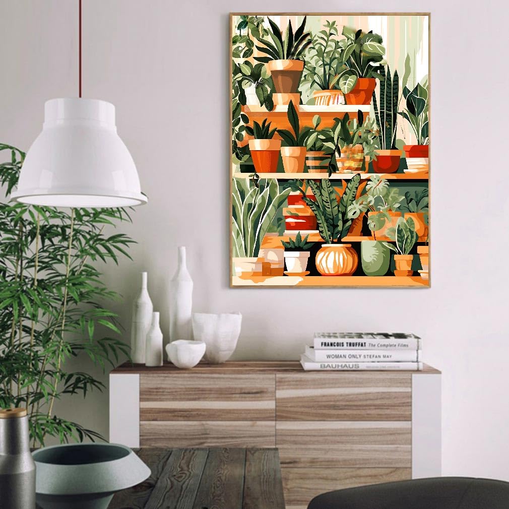 LWZAYS Green Plant Paint by Number Kit for Adults Canvas, Green Plant Adult Paint by Number Kits, Potted Simple Paint by Numbers Art Craft Kits for Gift Decor - 12x16Inch LWZAYS