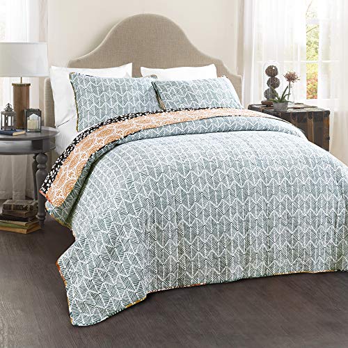 Lush Decor Bohemian Stripe Reversible Cotton Quilt Set, 3 Piece Set, King, Turquoise & Orange - Striped Bedding Set - Blue Quilt King Size - Boho Decor Lush Decor