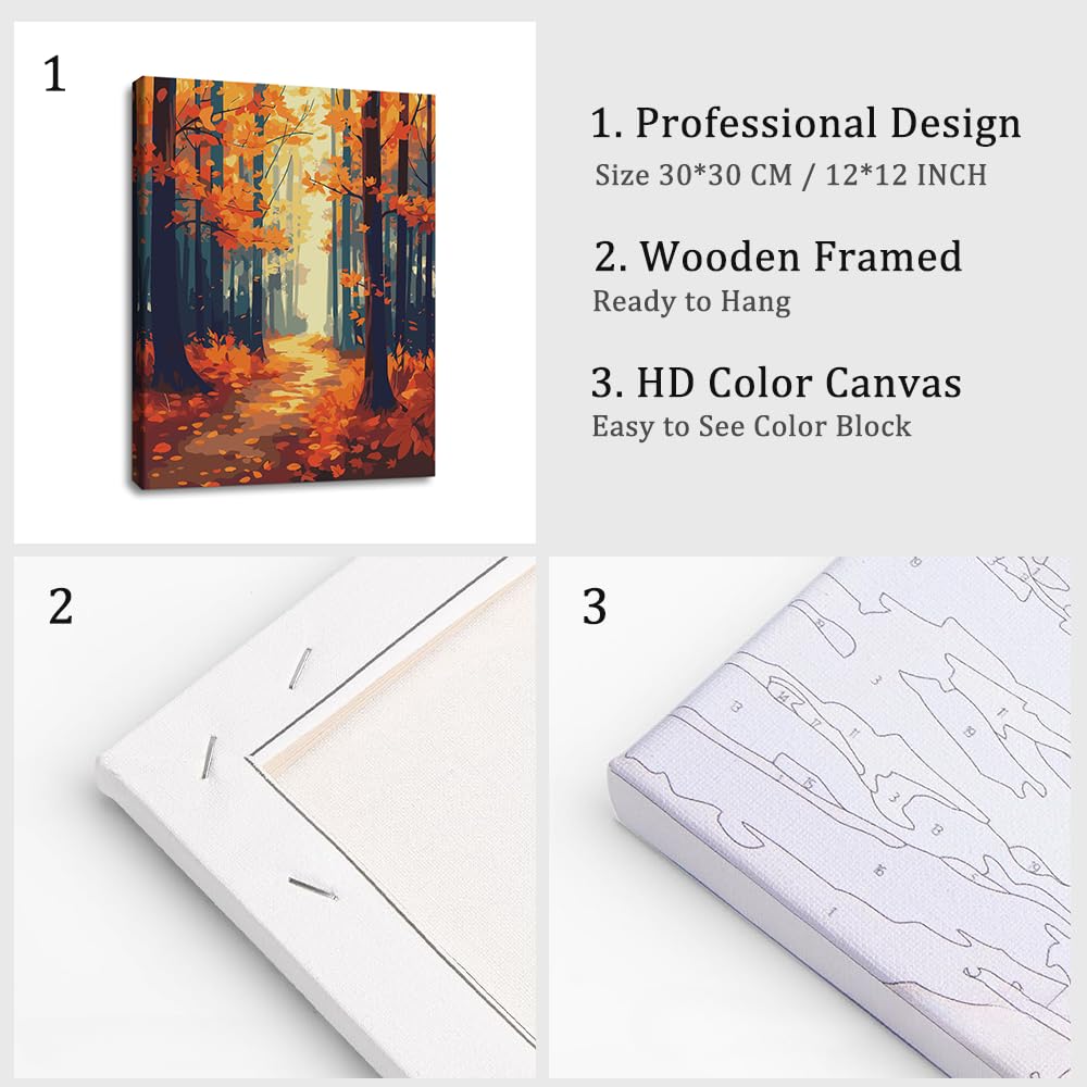 Natuyalo Framed Paint by Number Kits for Adults Beginners, Forest Path Easy Acrylic Adult Paint by Number Kits, Autumn Landscape DIY Painting by Numbers Kits with Frame 12x16 Inch Natuyalo