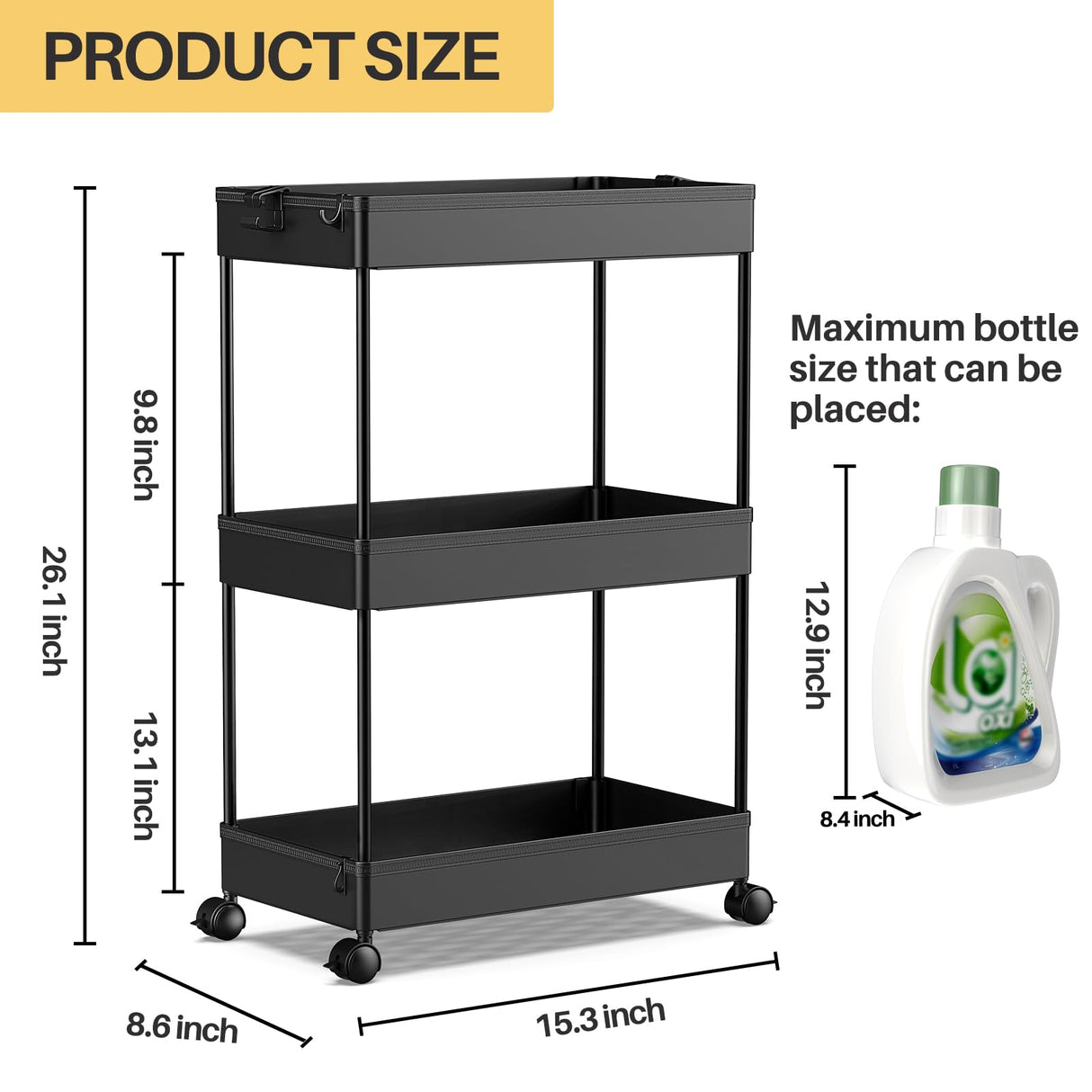 SPACEKEEPER Storage Rolling Cart 3 Tier, Laundry Room Organization Bathroom Cart Organizer Utility Mobile Shelving Unit Multi-Functional Shelves for Office, Kitchen, Black SPACEKEEPER