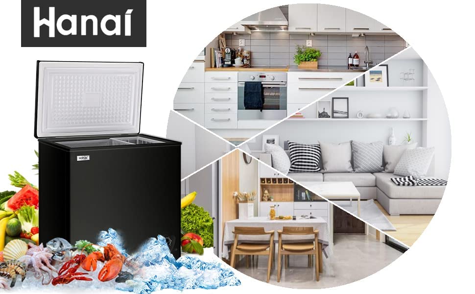 5.0 Cubic Feet Deep Chest Freezer Compact Freezers with Adjustable Thermostat Top Open Door Freezer Compressor Cooling with Rmovable Storage Basket for Home Kitchen Office and Bar (Black) WANAI