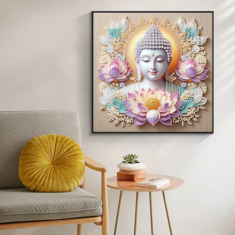 Buddhism Diamond Art Kits for Adults, Lotus Buddha Special Shape Diamond Painting Kits for Beginners, DIY 5D Crystal Diamond Dots Gem Art Craft for Home Decor 11.8x11.8 Inch Acelii