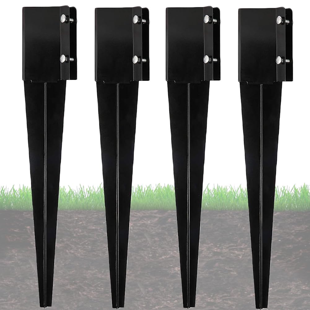 Furnishh Metal Anchor and Stakes - 4x4 Fence Post Holders, Black Ground Post Spikes, 24" Long, Set of 4 Furnishh
