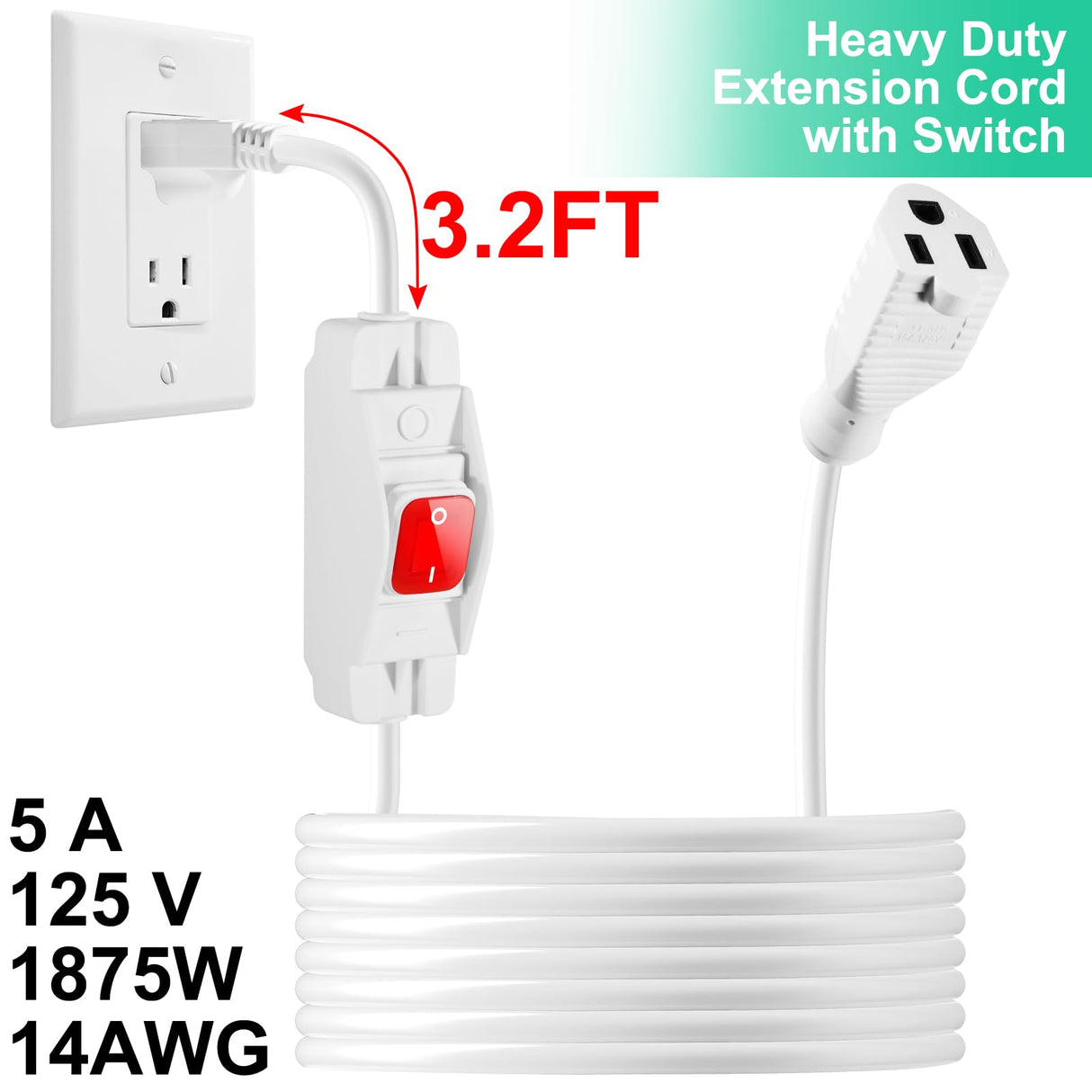Outdoor Waterproof Extension Cord with Switch - 3 Prong, On/Off Switch with SJTW Extension Cord, Heavy Duty, 125v/250v (15 Ft, White) Makevivi