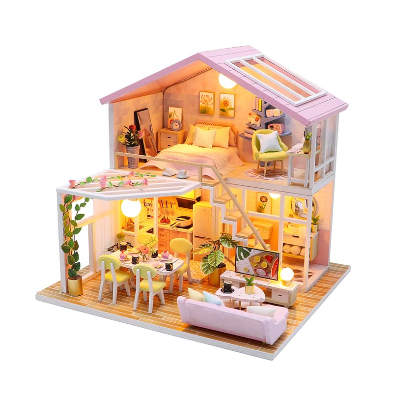 YSWOOD WORLD DIY Miniature House Kit, Tiny House Kit with Furniture & LED, DIY Wooden Dollhouse Miniature Kit for Adults Teen, Wooden Crafts Lovely Dollhouse Kit, Home Decor - Sweet Time YSWOOD WORLD