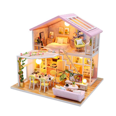YSWOOD WORLD DIY Miniature House Kit, Tiny House Kit with Furniture & LED, DIY Wooden Dollhouse Miniature Kit for Adults Teen, Wooden Crafts Lovely Dollhouse Kit, Home Decor - Sweet Time