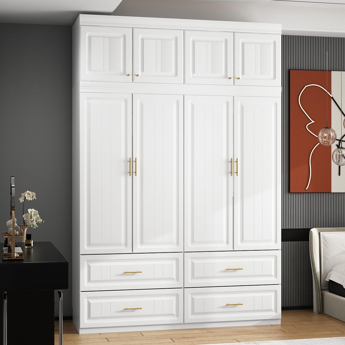MOUMON 4 Door Wardrobe Closet with Drawers & Shelves, Armoire Closet with Hanging Rod, Wardrobe Cabinet with Gold Metal Handles, Top Cube Storage, White (63”W x 20.6”D x 93.9”H) MOUMON