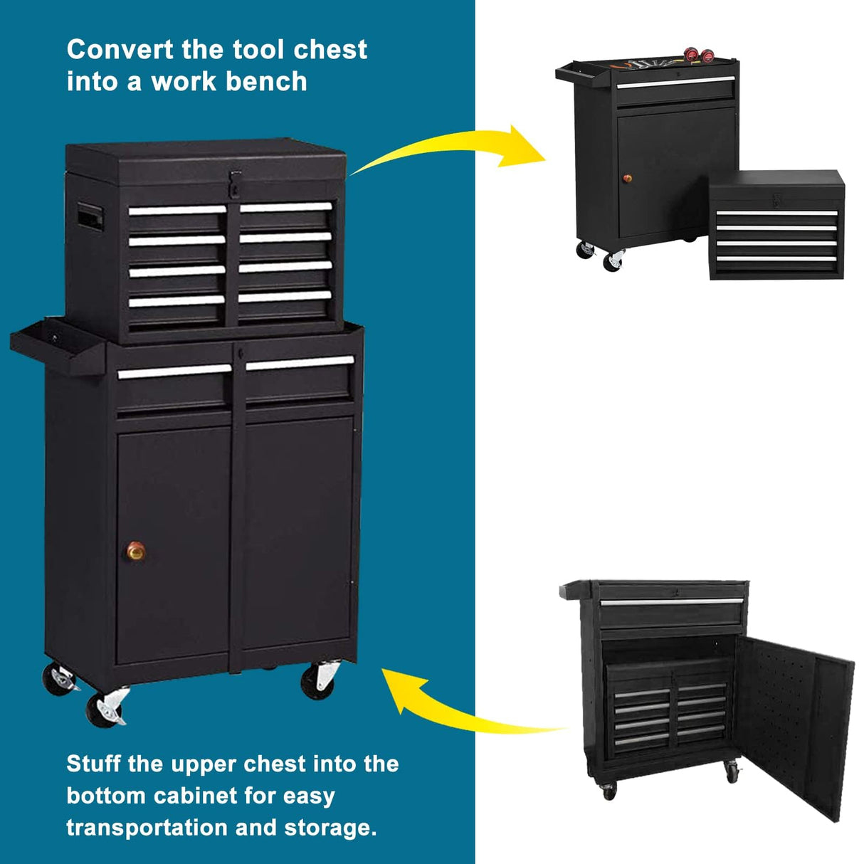 Gornoxblif 5-Drawers Black Tool Chest, 2-in-1 Mechanic Rolling Tool Box Removable Lockable Tool Storage Cabinet, Metal Tool Cart with Drawers and Wheels for Garage, Workshop Gornoxblif