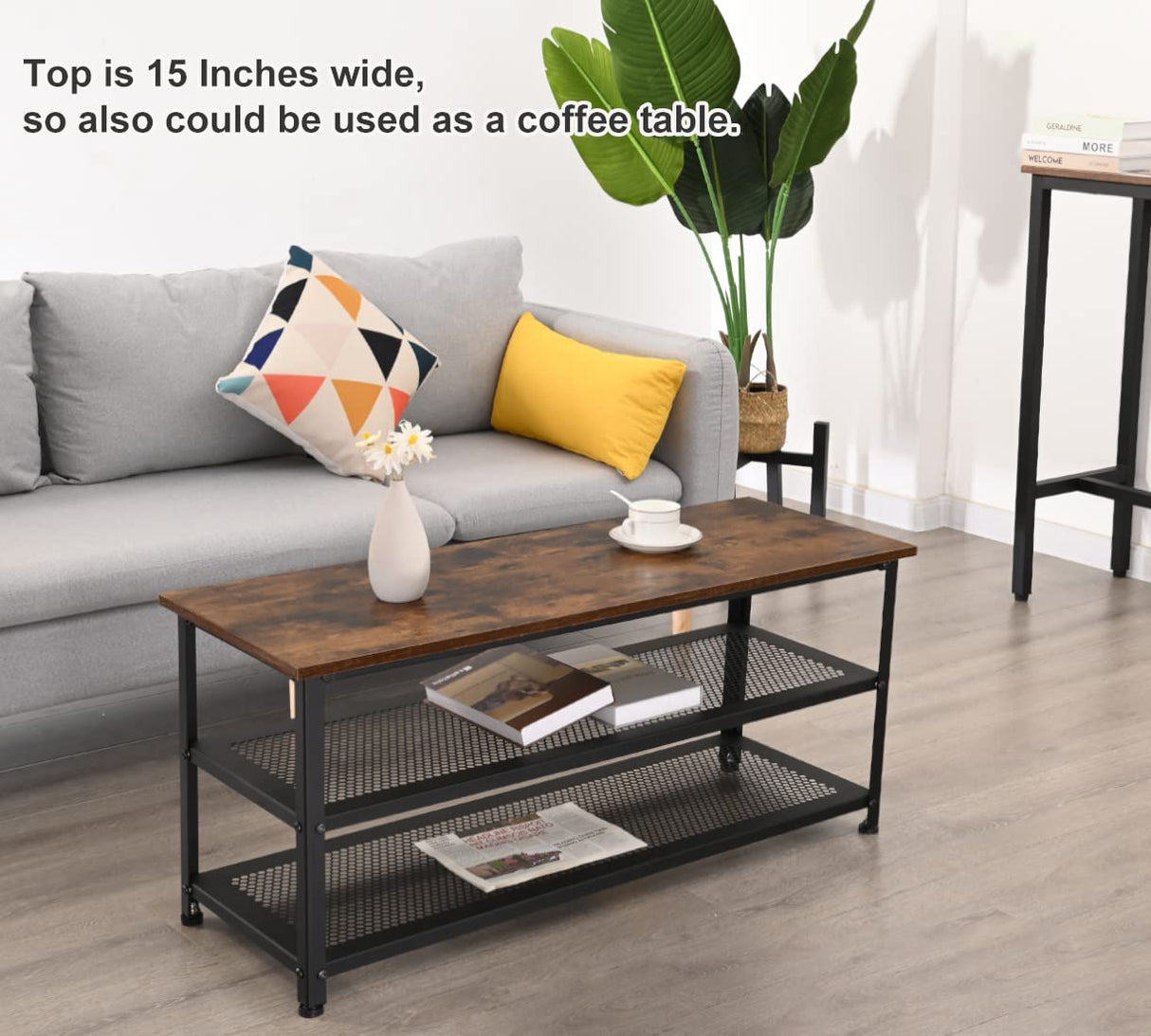 RokiaTek Shoe Bench 3-Tier Shoe Rack 39.4" for Entryway, Storage Organizer Entry Bench with Mesh Shelves Wood Seat for Hallway, Living Room, Steel Frame, Rustic Brown and Black RokiaTek