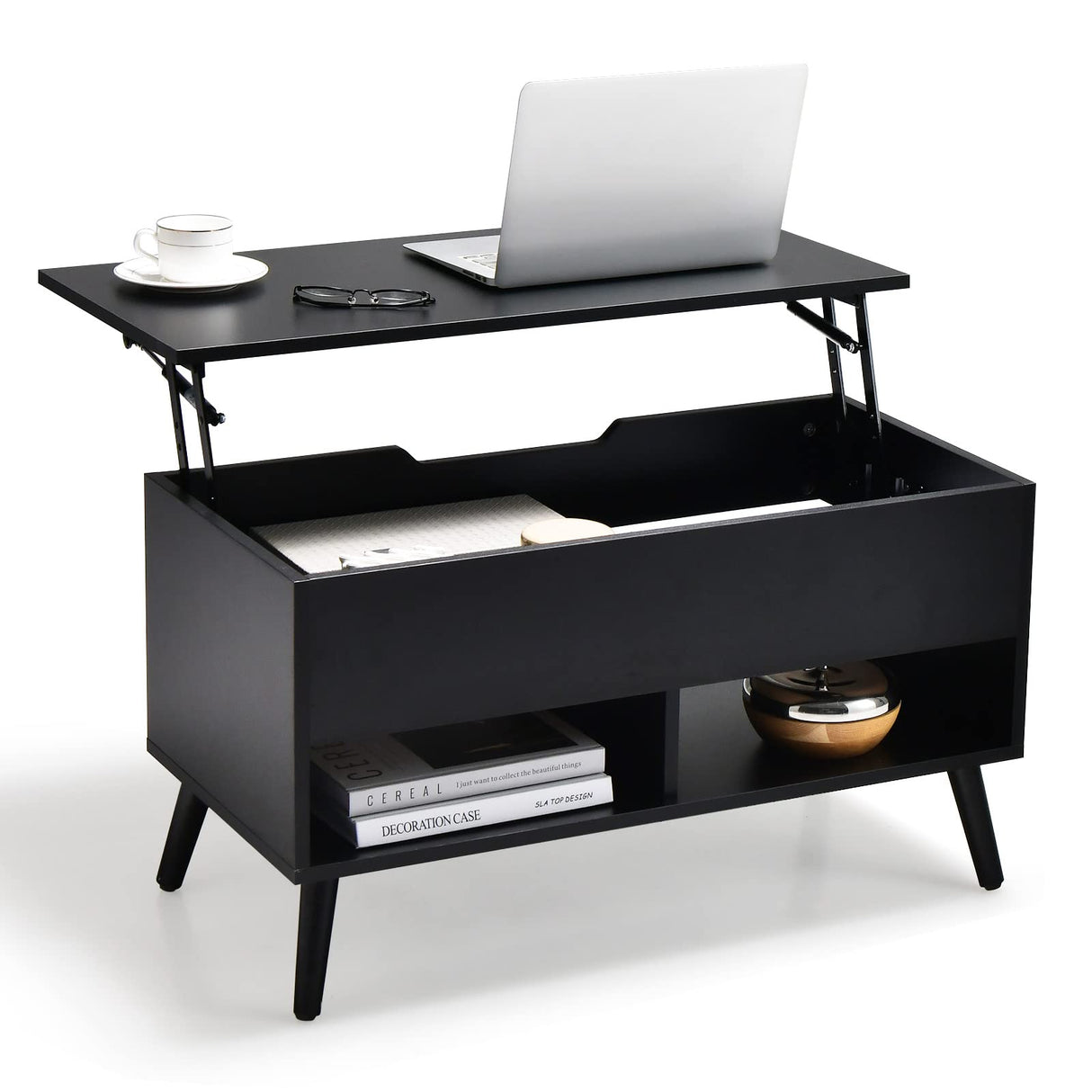 Tangkula Lift Top Coffee Table, Modern Cocktail Table with Hidden Compartment & 2 Open Shelves, Flip Top Center Table, Wooden Pull up Coffee Table for Living Room, Reception Room, Office (Black) Tangkula