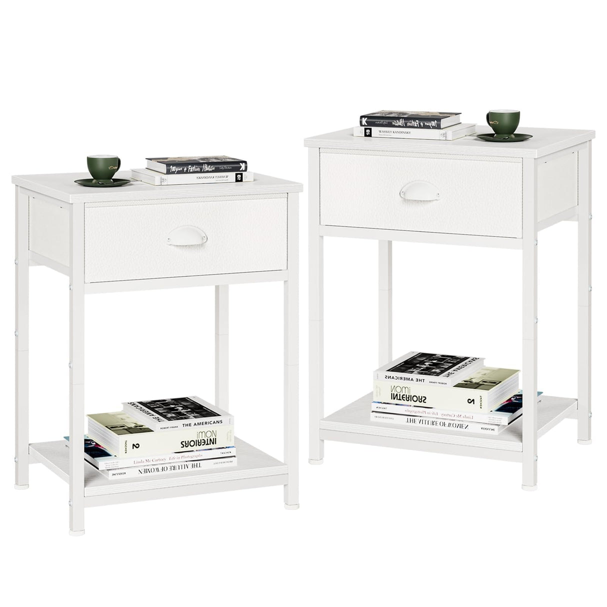 Furologee White Nightstands Set of 2, End Table with Fabric Drawer, Small Side Table for Small Spaces, 2 Tiers Storage Shelves End Table, Bedside Table for Living Room, Bedroom, Dorm Furologee