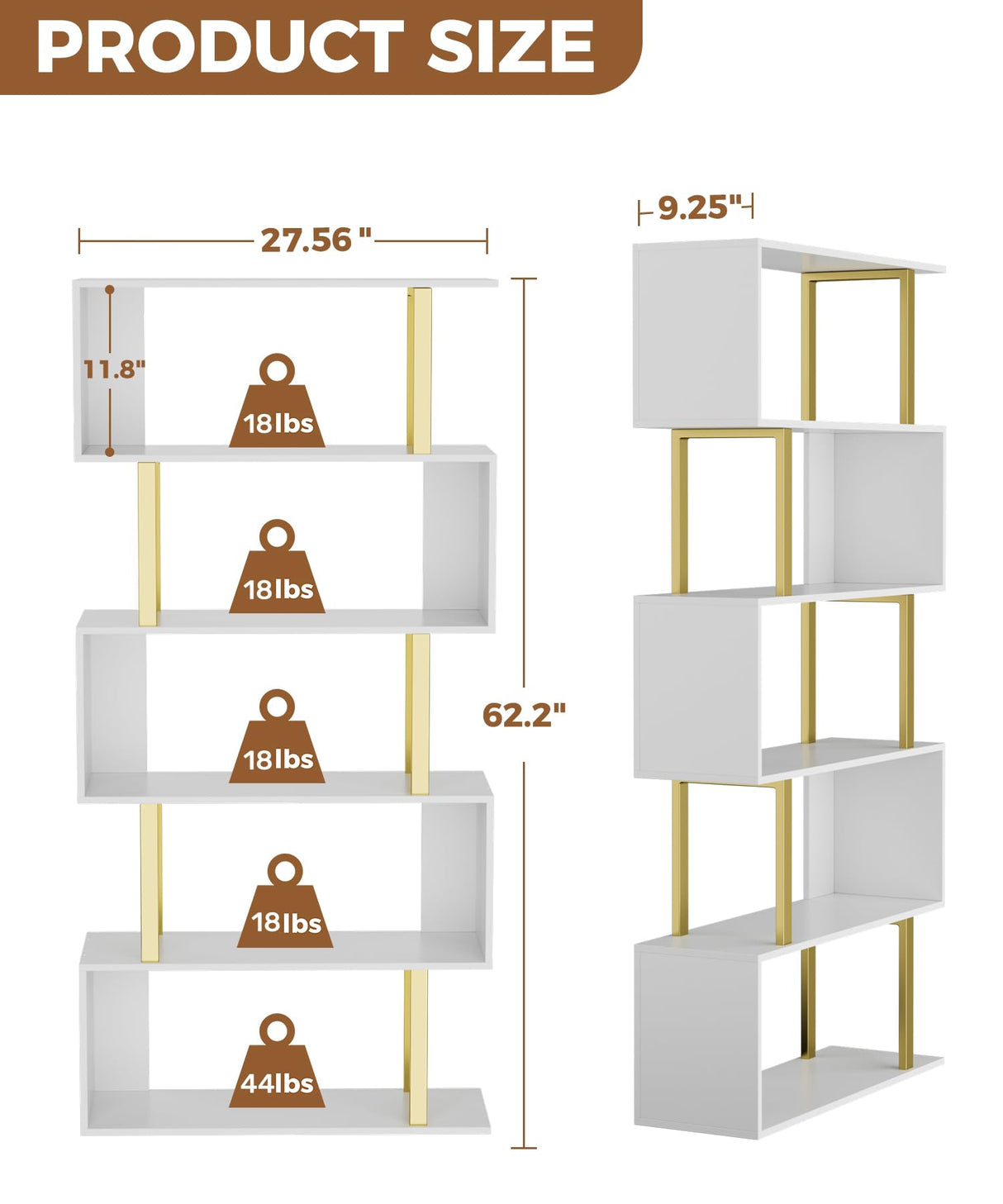 Gadroad 5 Tier Geometric Bookcase,S Shaped Bookshelf, Wood Decorative Storage Shelving, Modern Freestanding Display Shelves, Tall Book Shelf Unit for Living Room Bedroom, Gold Gadroad