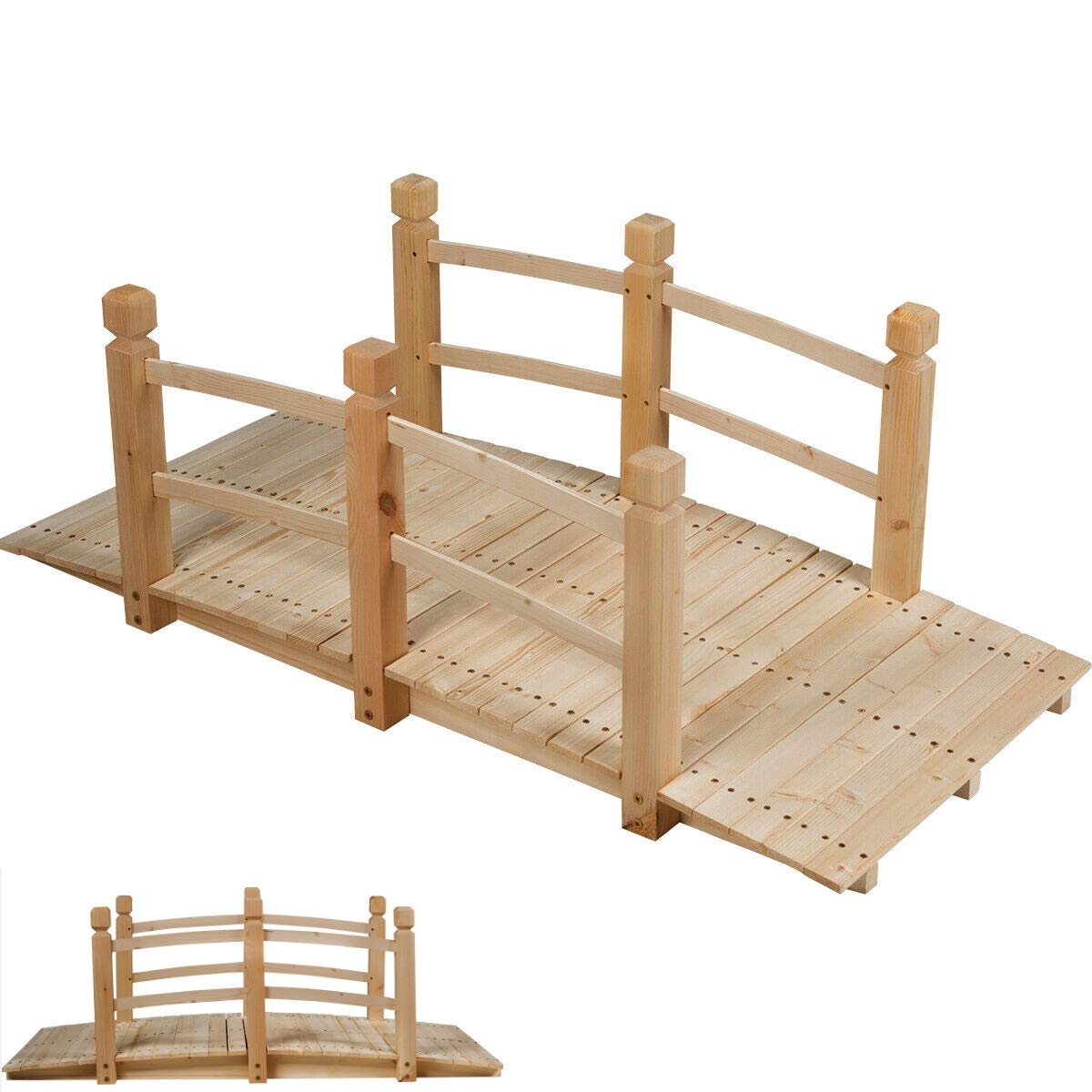 HAPPYGRILL 5-Feet Wooden Bridge Natural Wood Garden Bridge Pond Bridge with Guardrails for Garden Backyard Decoration HAPPYGRILL