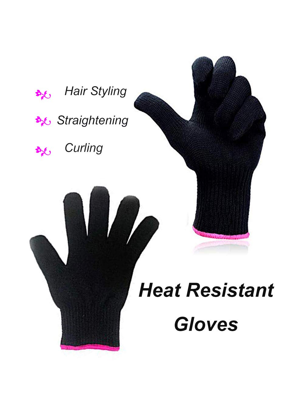 AFT90 2 Heat Resistant Glove for Hair Styling, Curling Iron, Flat Iron and Curling Wand, Black, Pink Edge AFT90