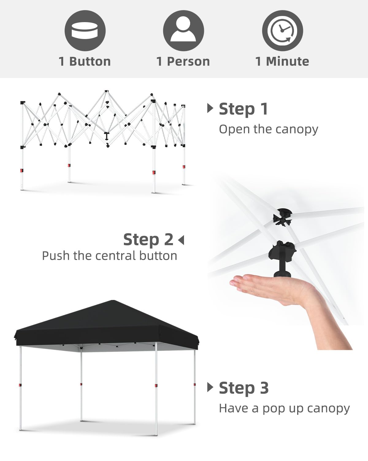 10x10 Pop Up Canopy with Humanization One Button Push Setup - Heavy Duty Outdoor Canopy Tent with Portable Roller Bag - 3 Adjustable Height, 4 Weight Bags, 8 Stakes & 4 Guy Ropes Included, Black GarveeLife