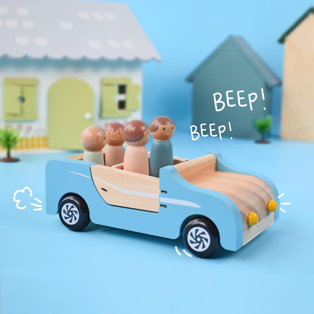 PairPear Wooden Family Car for Dolls,Wooden Toys Dollhouese Furniture Accessories Playset,Kids Pretend Preschool Play Vehicle Toys Gift for Toddler 3 Years and Up PairPear