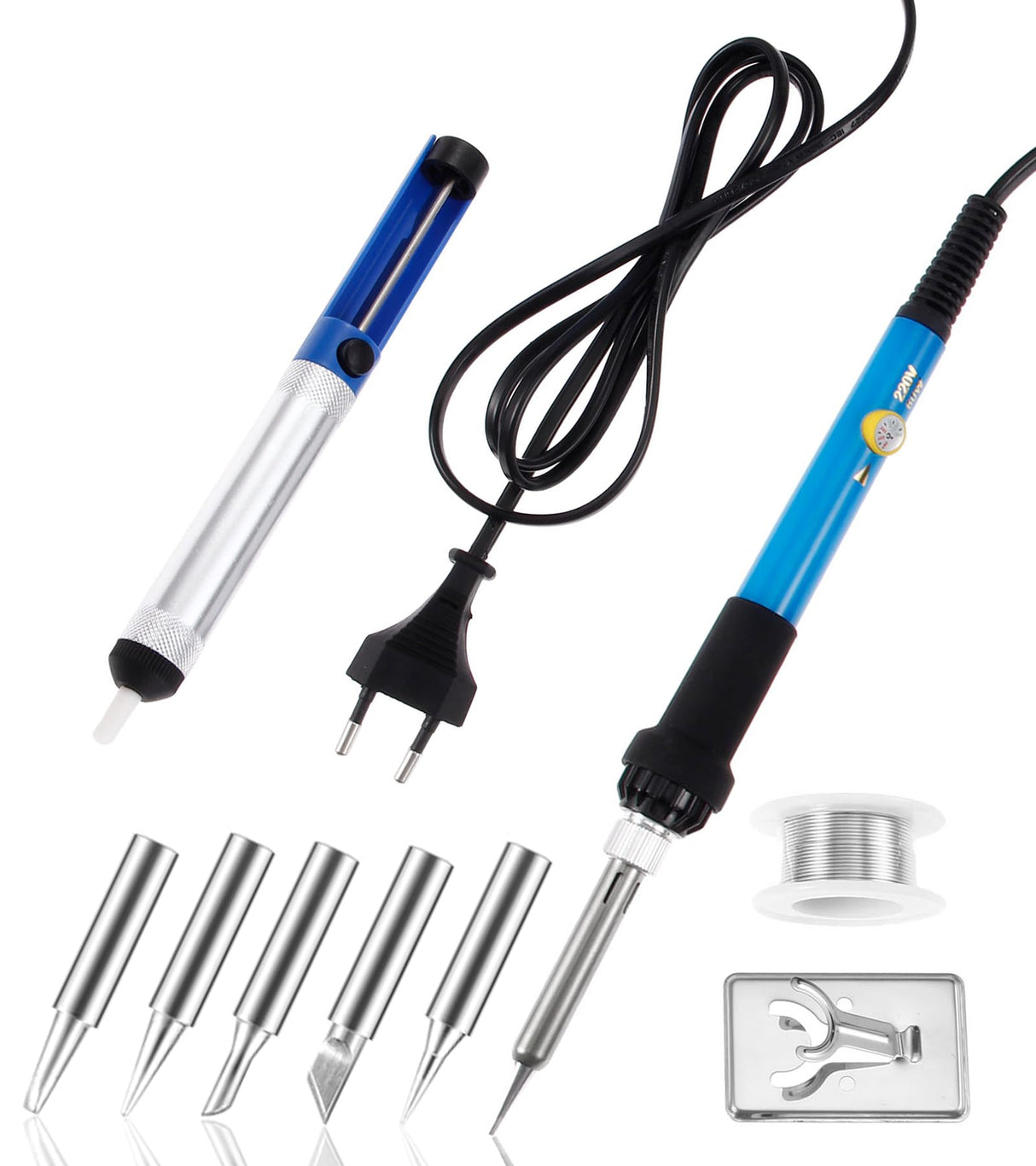 Hicello Soldering Iron Kit, 60W 220V Adjustable Temperature Welding Tool, including 5PCS Replacement Tips, Temperature Adjust Soldering Iron, Desoldering Pump, Tin Wire Tube, Soldering Iron Stand Hicello