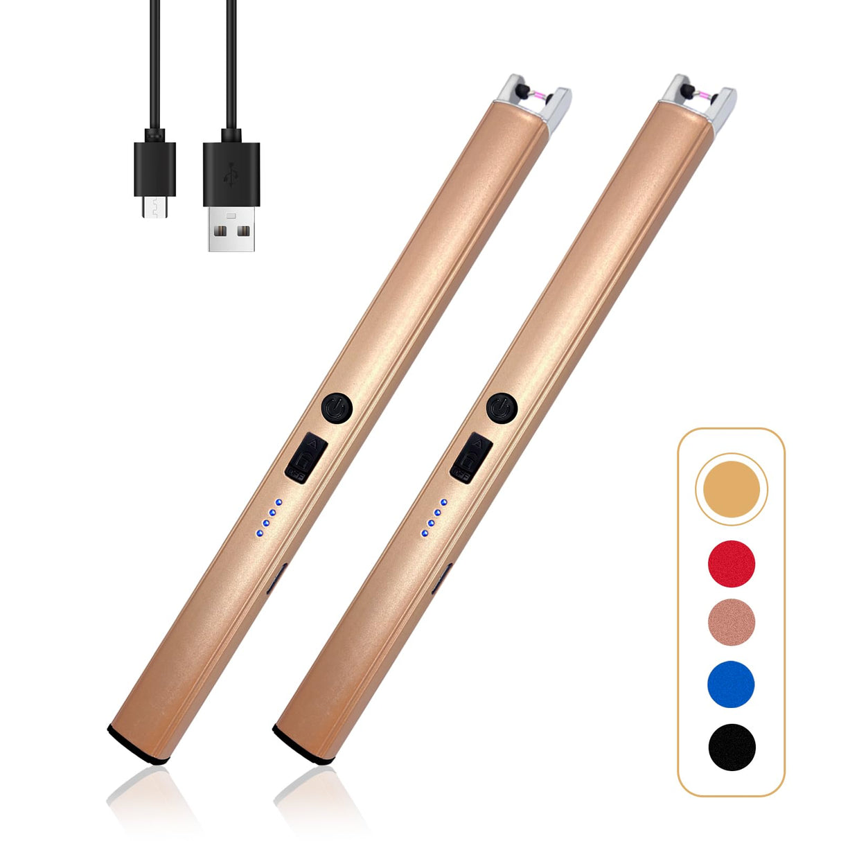 2 PCS Candle Lighter,Windproof Flameless Electric Lighter with LED Power Display & Safety Switch, Upgraded Plasma USB Rechargeable Lighter for Birthday Camping BBQ (Champagne Gold) Beyio