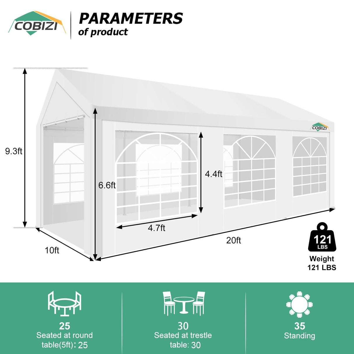 COBIZI 10x20ft Party Tent Heavy Duty, Wedding Tent, Event Tent for Parties, Carpas para Fiestas with 4 Removable Sidewalls, 10x20 Tent with Built-in Sandbag, UV50+, Waterproof, Carport, White COBIZI