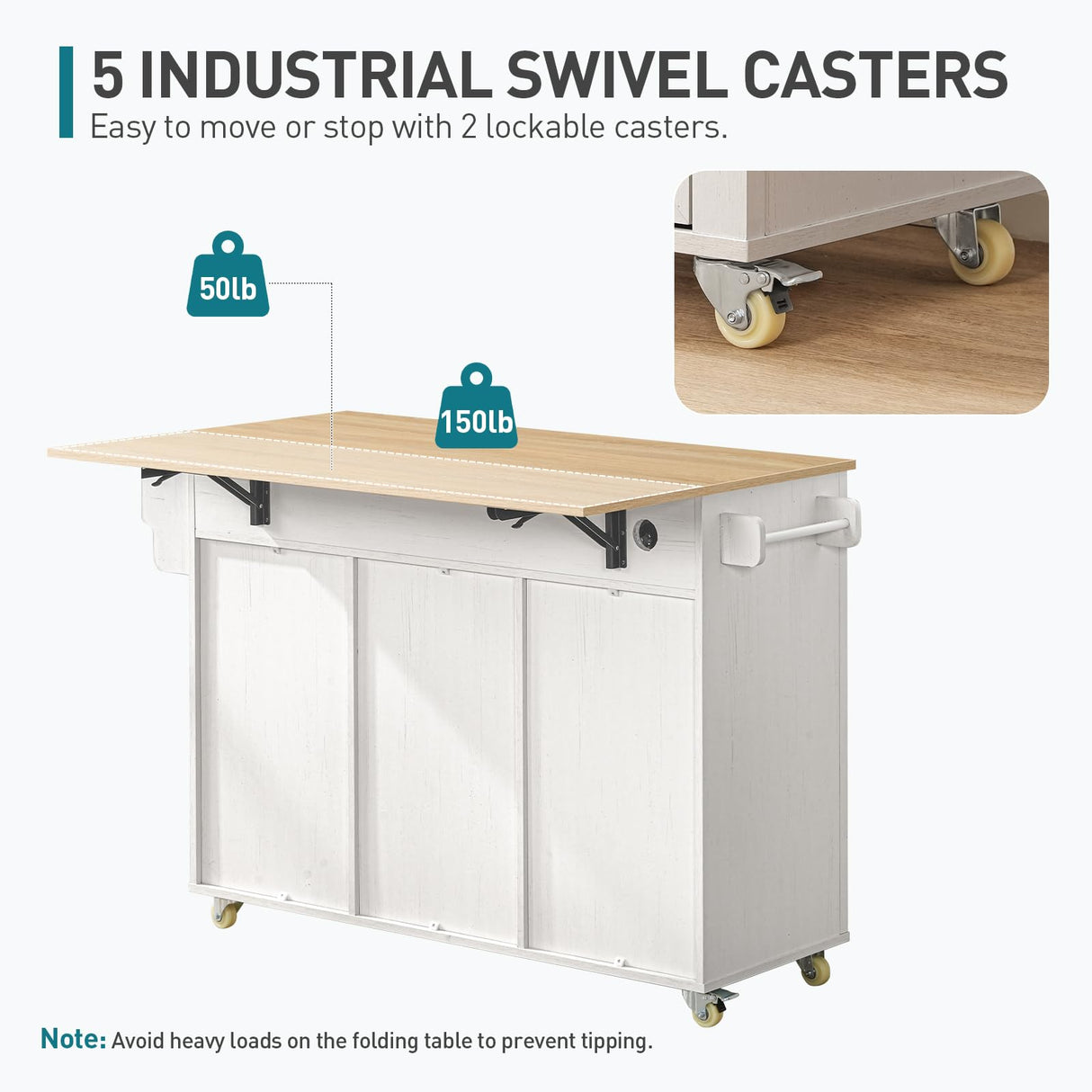 RALGEND Kitchen Island with Storage, Kitchen Cart with Charging Station, Rolling Kitchen Island Table with Drop-Leaf, 3 Drawers, Barn Doors, Towel Rack and Spice Rack, White and Natural RALGEND