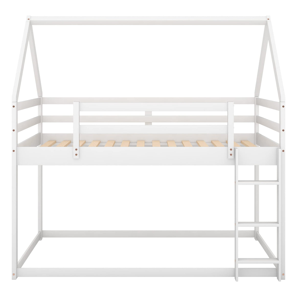 Bellemave Low Twin Over Twin House Bunk Bed for Kids - Solid White Wood with Ladder and Guardrails Bellemave