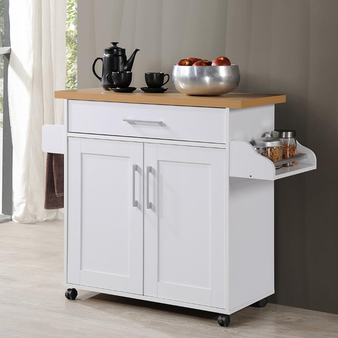 Hodedah Kitchen Island with Spice Rack, Towel Rack & Drawer, White with Beech Top, 15.5 x 35.5-44.9 x 35.2 inches Hodedah
