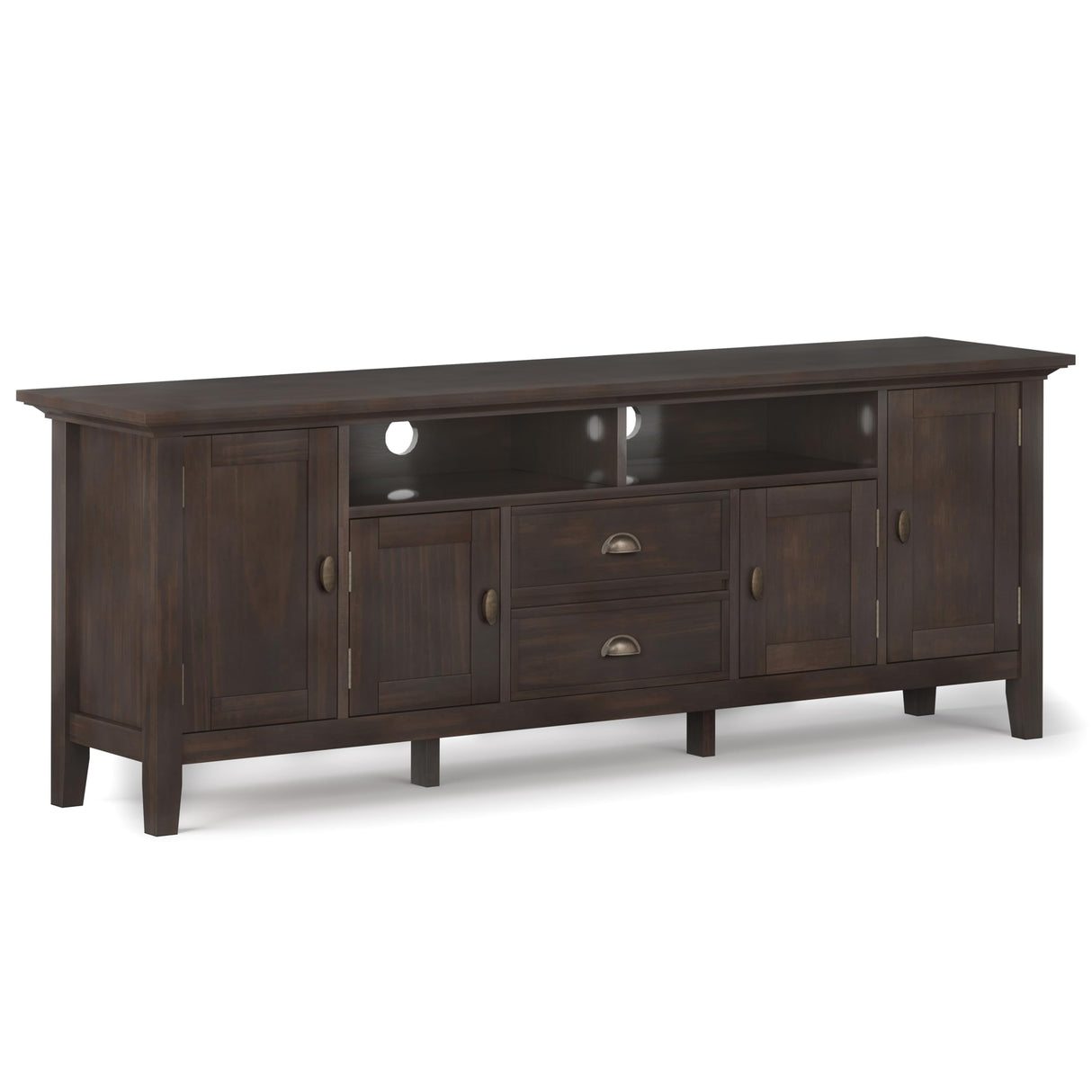 SIMPLIHOME Redmond SOLID WOOD Universal TV Media Stand, 72 Inch Wide, Transitional, for Flat Screen TVs up to 80 Inch in Brunette Brown SIMPLIHOME