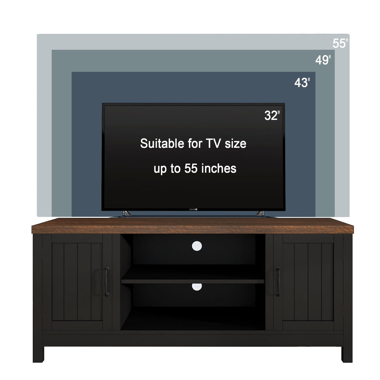 ChooChoo Farmhouse TV Stand, Wood Grooved Door Entertainment Center with Storage Cabinets and Open Shelves, Rustic Media Console up to 55 inches for Living Room, Bedroom, Black ChooChoo