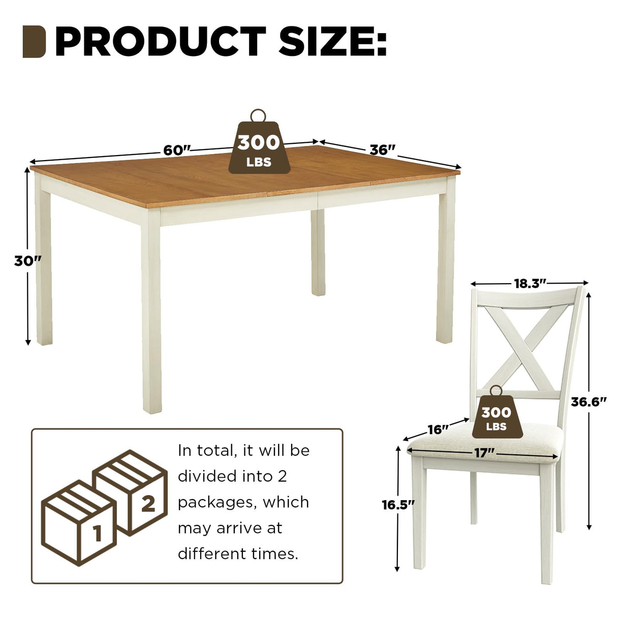 LUXOAK 7-Piece Solid Wood Dining Table Set, 60" Farmhouse Dining Table with 6 Chairs, Rectangular Table Set for 6, Kitchen & Dining Room Furniture, Distressed Cream LUXOAK