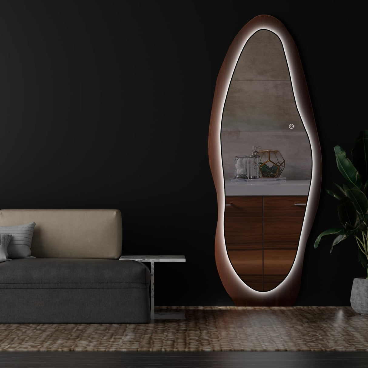 osemy 67"x 26" Wood LED Full Length Mirror with Lights Irregualr Wavy Full Body Mirror Shatter-Proof Hanging/Leaning Wall Mounted Walnut Wooden Framed Mirror for Dressing Bedroom Living Room osemy
