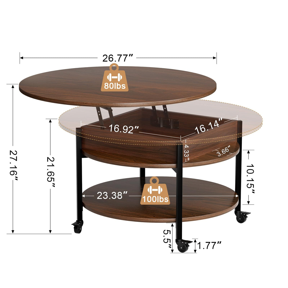 FABATO Round Lift Top Coffee Table with Wheels, Circle Center Table with Storage and Compartment, 26.77’’ Rolling Coffee Table for Living Room, 2 Tier Small Coffee Table Circle Dining Table, Espresso FABATO